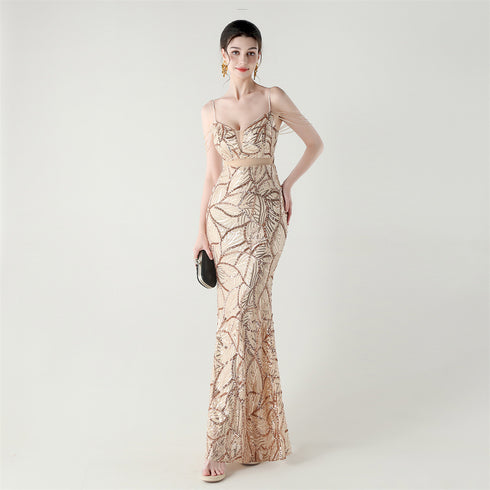Graceful Sequin Embellished Mesh Mermaid Maxi Dress